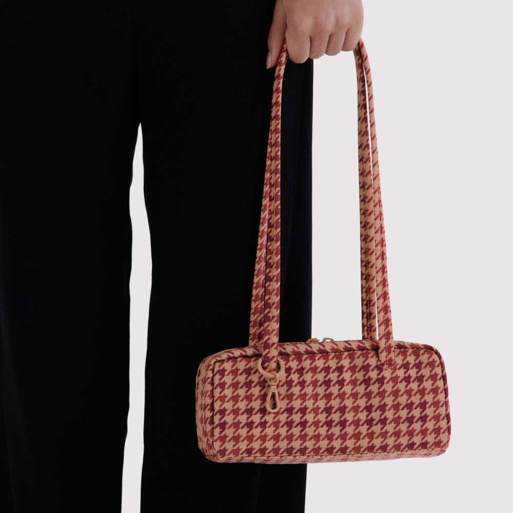 Baggu Small Nylon Bowler Bag Tan Houndstooth