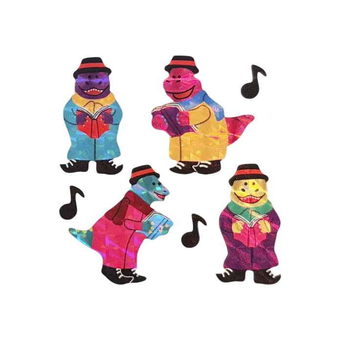 Four colorful dinosaur characters wearing black hats and reading books, arranged on a plain white background with black music note symbols.