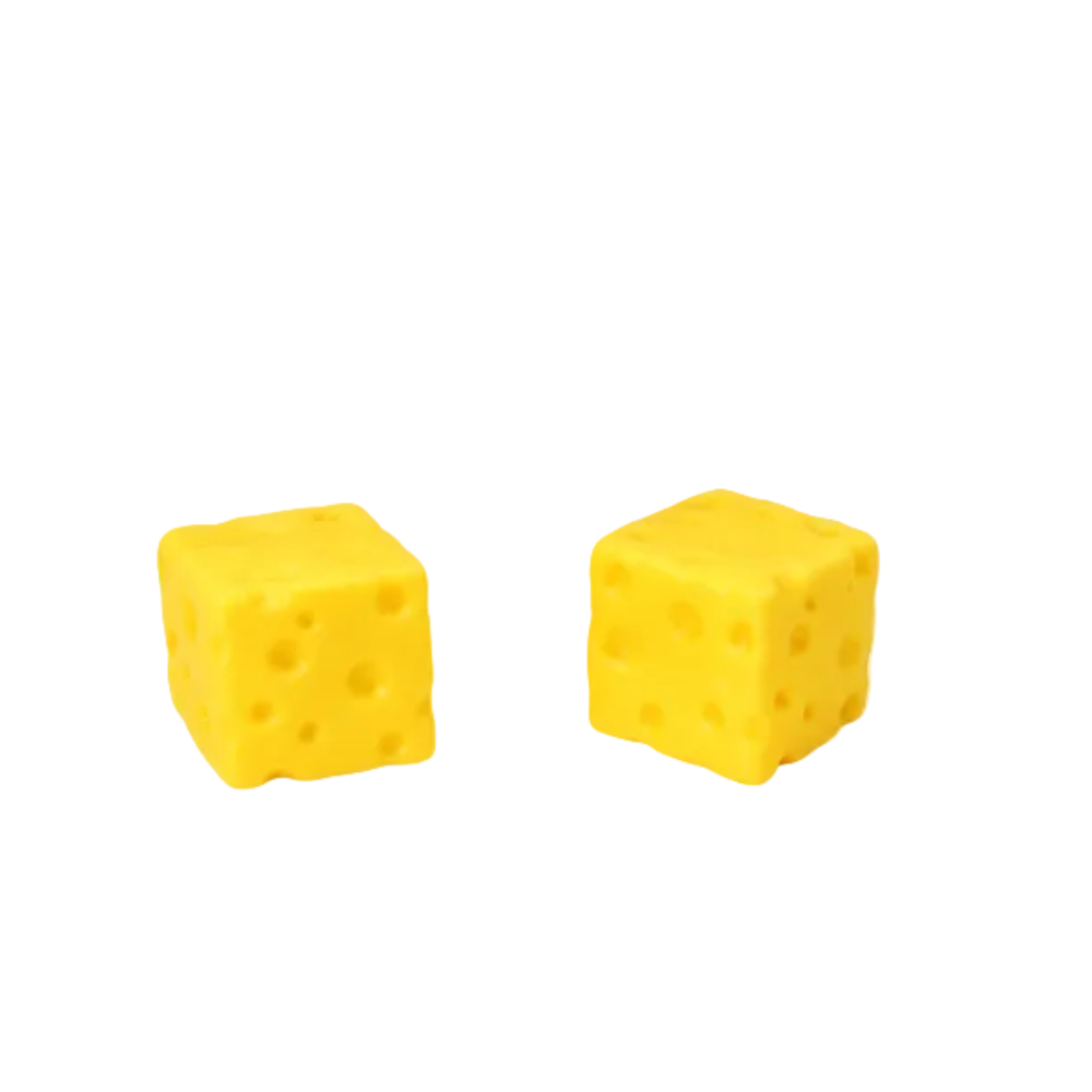 A display box of yellow cheese-shaped vent toys, with two loose toys placed in front. The packaging is yellow and blue with the words 'CHEESE VENT TOY' and 'Squeez me!!'.
