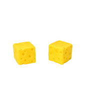 A display box of yellow cheese-shaped vent toys, with two loose toys placed in front. The packaging is yellow and blue with the words 'CHEESE VENT TOY' and 'Squeez me!!'.