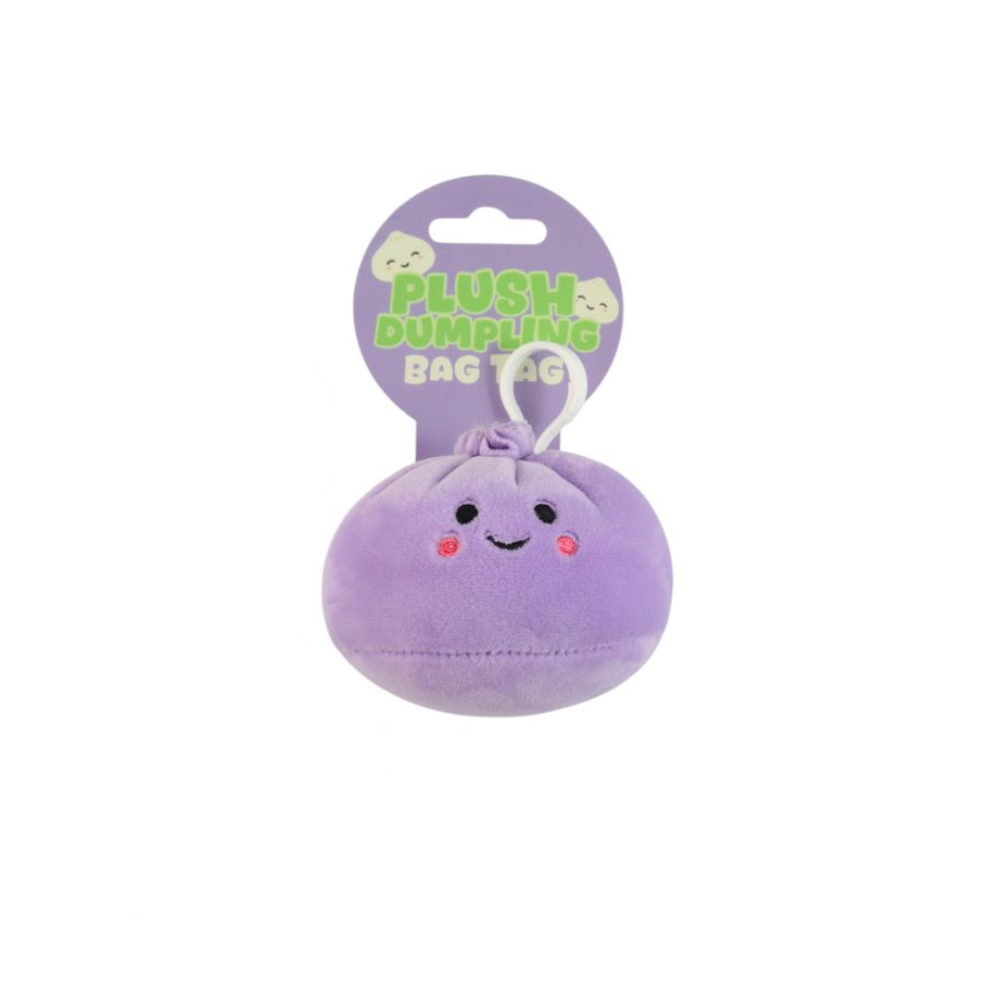 Three plush bag tags shaped like dumplings in light blue, lavender, and light green, each with a purple hanging card that reads 'PLUSH DUMPLING BAG TAG' on a white background.