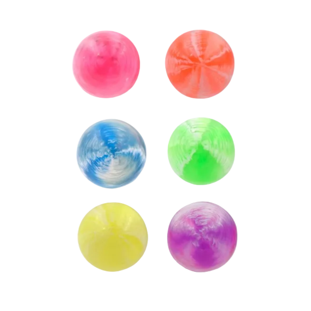 Six colorful emotion-bounce balls in pink, orange, blue, green, yellow, and purple are shown next to a retail display box labeled 'HI-BOUNCE BAUNCE' on a white background.