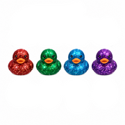A retail display box filled with glitter rubber ducks in multiple colors, including red, green, blue, and purple, with a purple header card labeled 'Duck Glitter' and 'Super size 80 mm'.