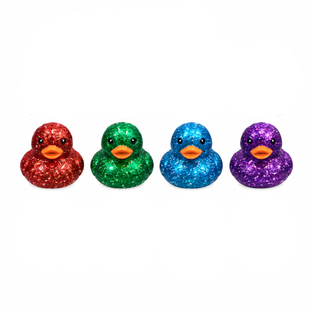 A retail display box filled with glitter rubber ducks in multiple colors, including red, green, blue, and purple, with a purple header card labeled 'Duck Glitter' and 'Super size 80 mm'.