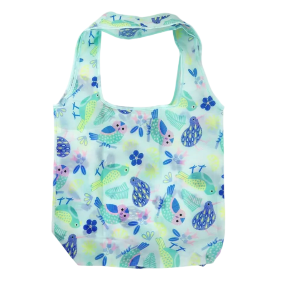 A reusable folding tote bag with a colorful bird and floral print, shown alongside its matching zippered pouch on a plain white background.