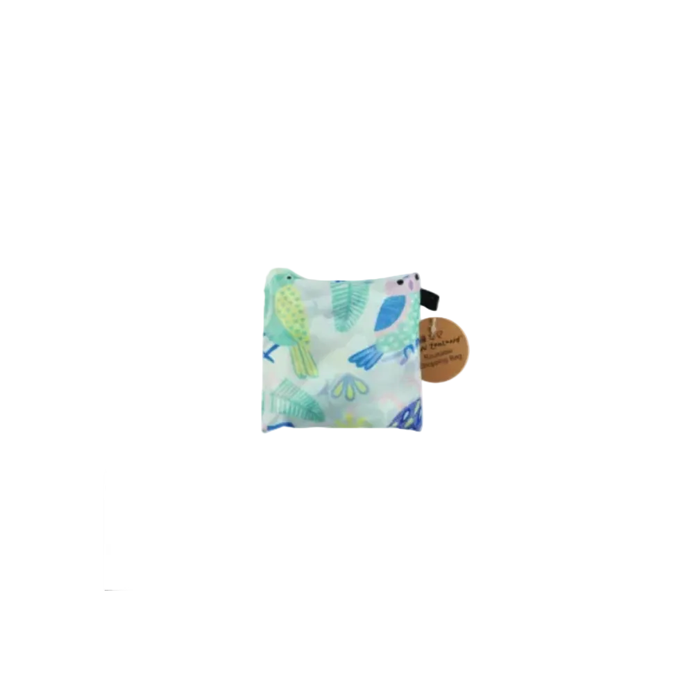 A reusable folding tote bag with a colorful bird and floral print, shown alongside its matching zippered pouch on a plain white background.
