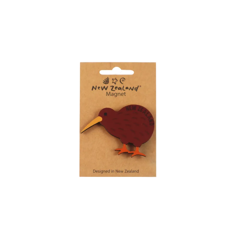 A kiwi bird magnet on a brown kraft paper backing card, featuring the text 'New Zealand Magnet' and 'Designed in New Zealand'.