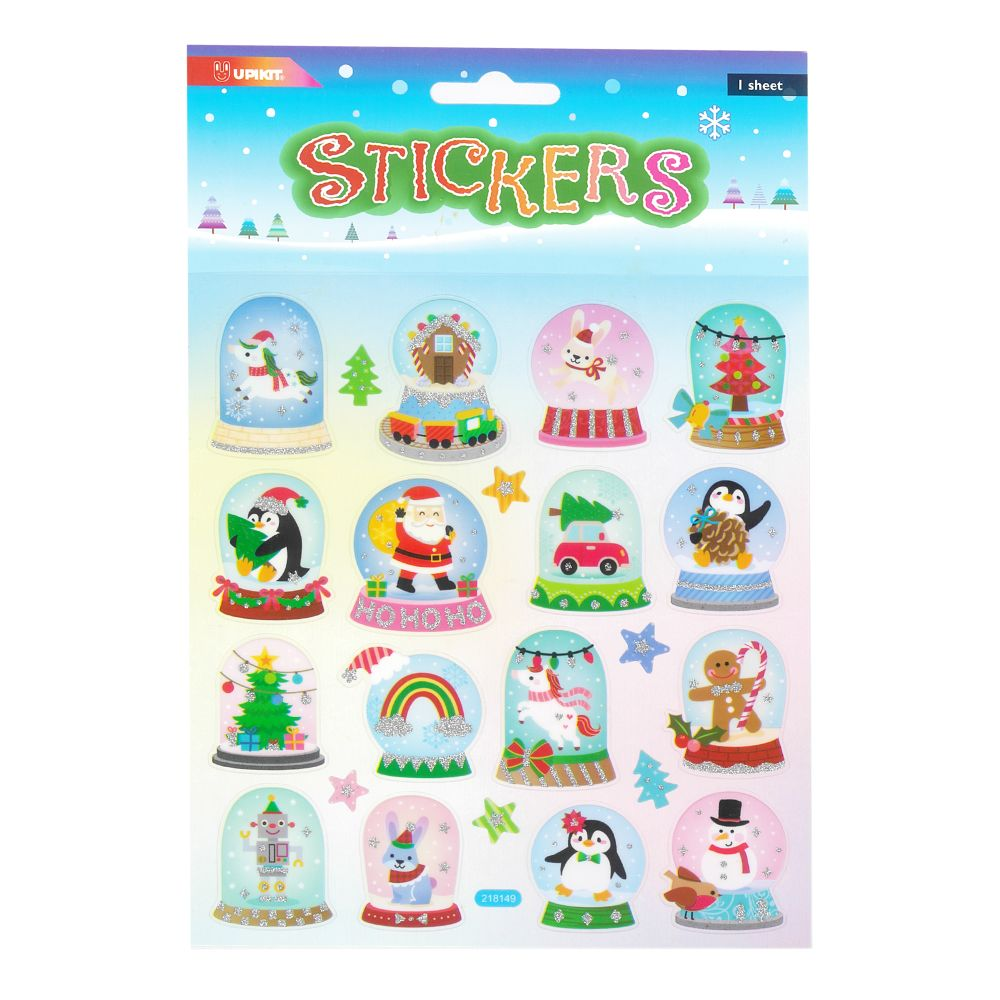 A sheet of Christmas-themed stickers featuring snow globe illustrations with Santa Claus, penguins, a train, a rainbow, a gingerbread man, and other holiday motifs on a pastel background.