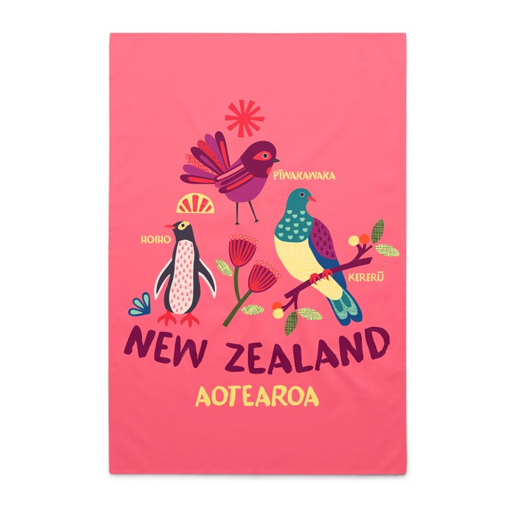 New Zealand Tea Towel Bird Life Peach