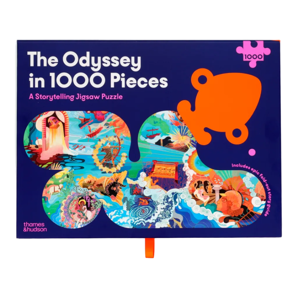 Jigsaw puzzle box titled 'The Odyssey in 1000 Pieces' with colorful design on a white background