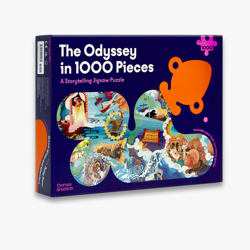 Jigsaw puzzle box titled 'The Odyssey in 1000 Pieces' on a white background