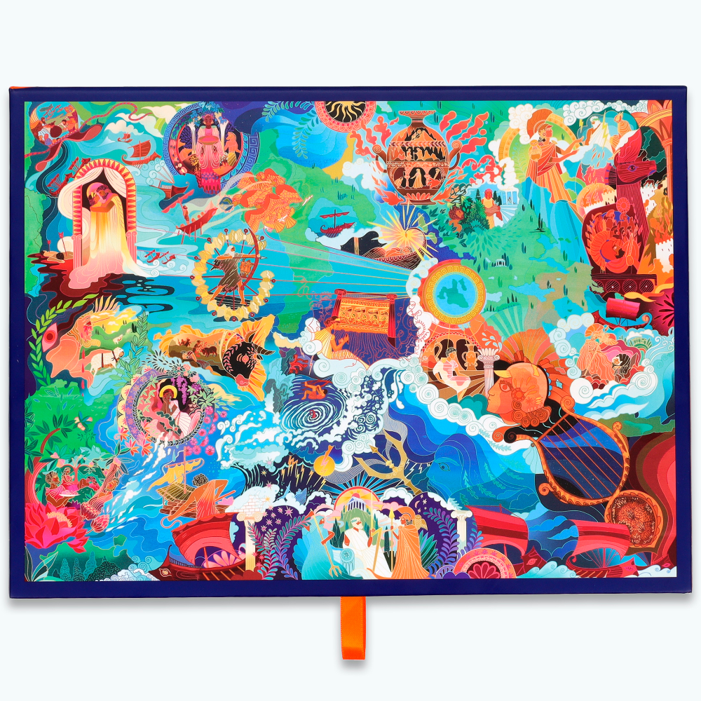A colorful illustrated notebook or art print with a dark blue border and an orange tab at the bottom, shown against a light gray background.