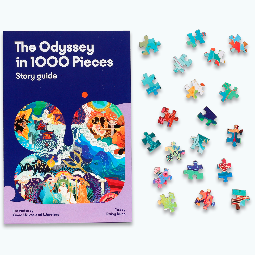 The Odyssey in 1000 Pieces: Story guide book cover shown next to several loose multicolored puzzle pieces on a light gray background.