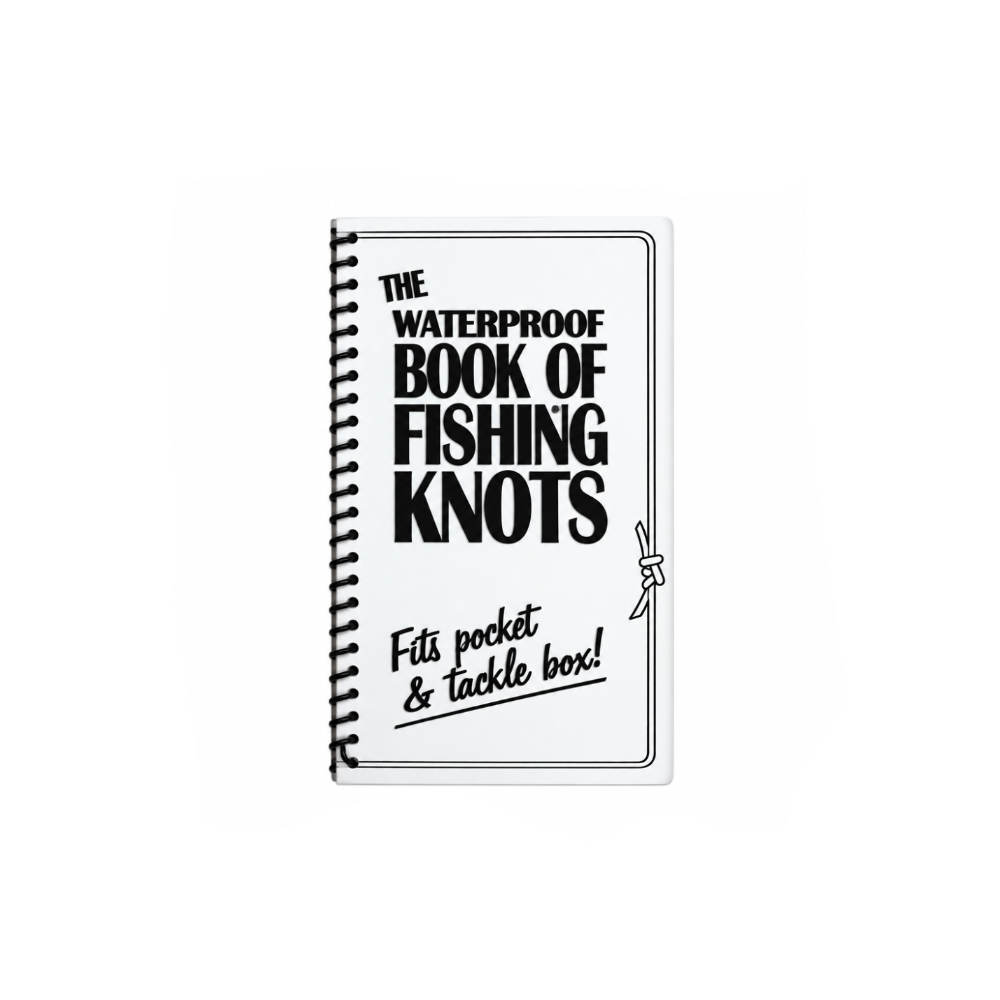 Spiral-bound book titled 'The Waterproof Book of Fishing Knots' on a white background
