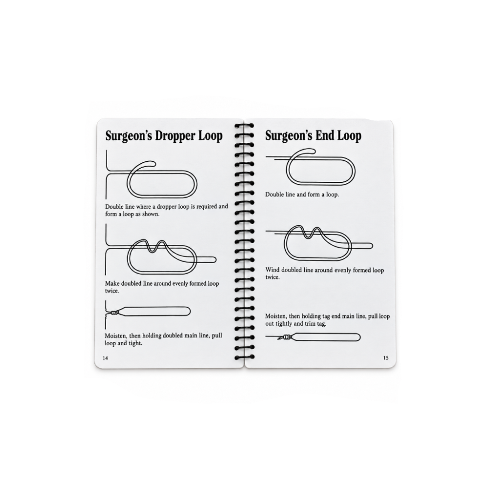 A spiral-bound booklet showing two instructional pages with labeled diagrams: 'Surgeon's Dropper Loop' and 'Surgeon's End Loop,' photographed on a solid red background.