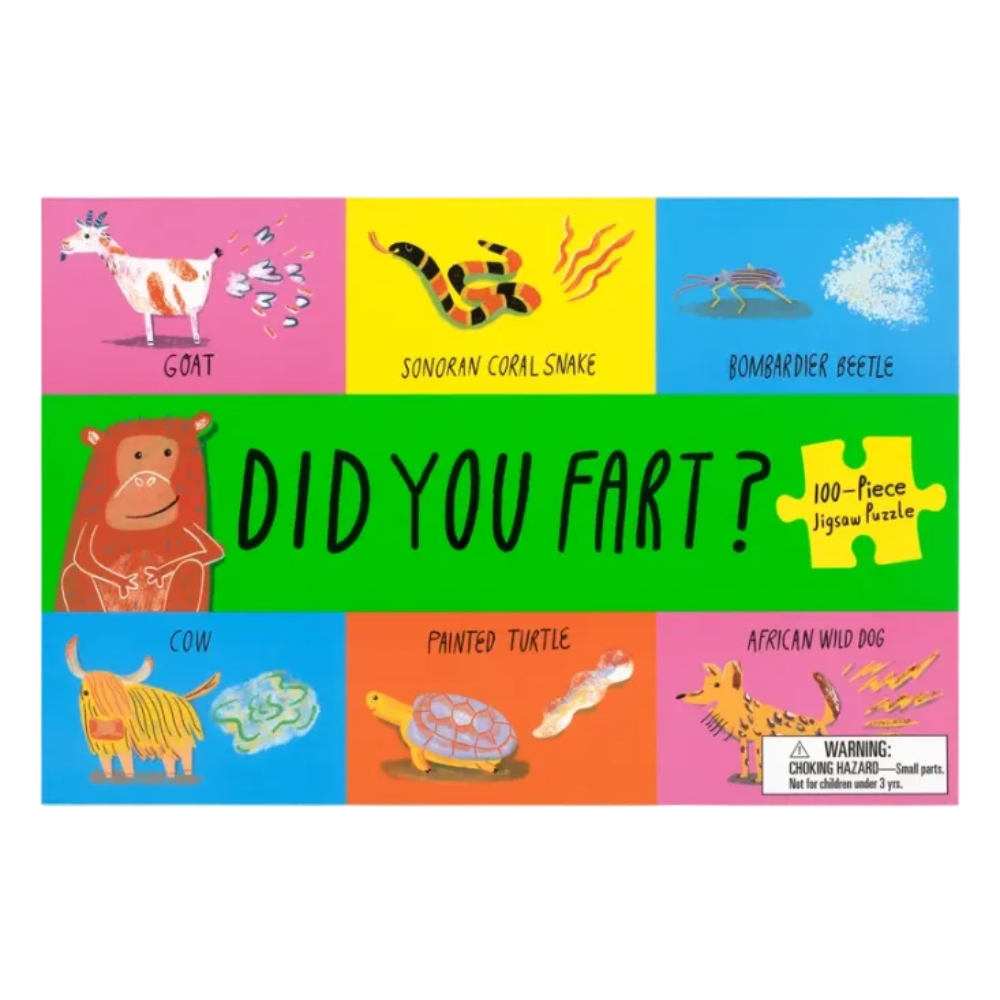 A colorful children's jigsaw puzzle box titled 'DID YOU FART?' with animal illustrations and puzzle-piece graphics on a white background.