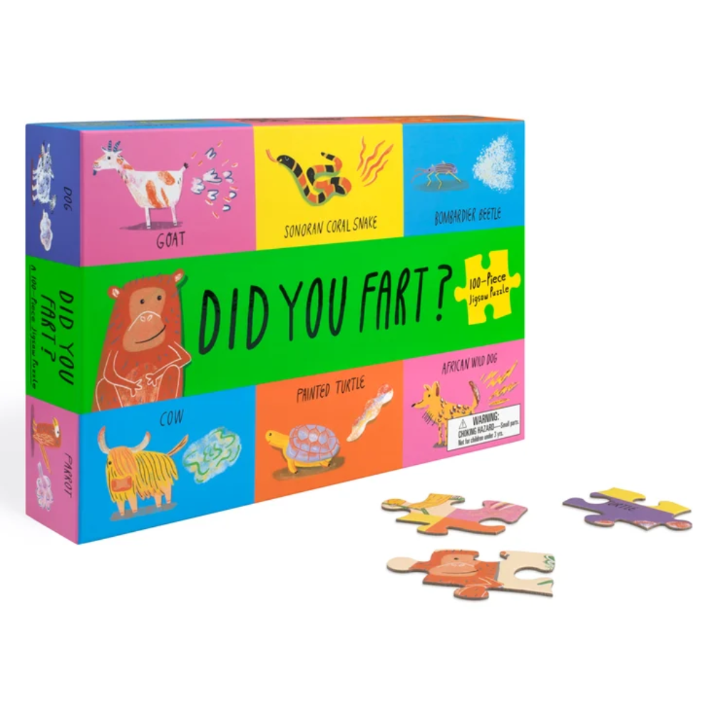 A colorful children's puzzle book titled 'DID YOU FART?' with its box and several loose puzzle pieces on a white background.