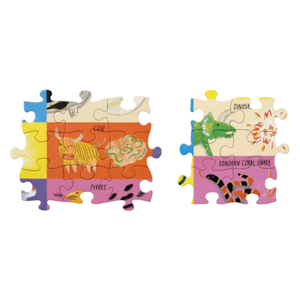 Two colorful children's jigsaw puzzle pieces shown on a plain white background. The left piece shows animal illustrations including a bird, camel, and fish.