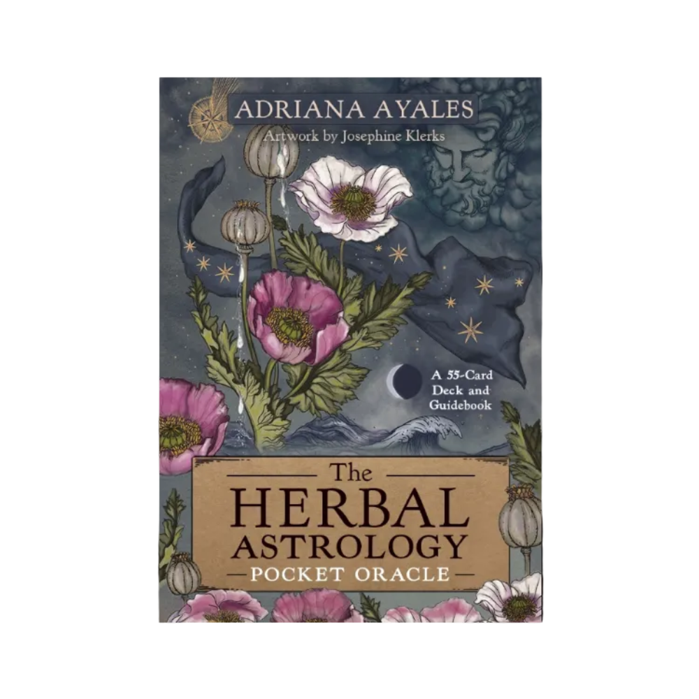 Front cover of The Herbal Astrology Pocket Oracle card deck and guidebook by Adriana Ayales, featuring illustrated poppy flowers, a dark celestial map, and a tan title box.