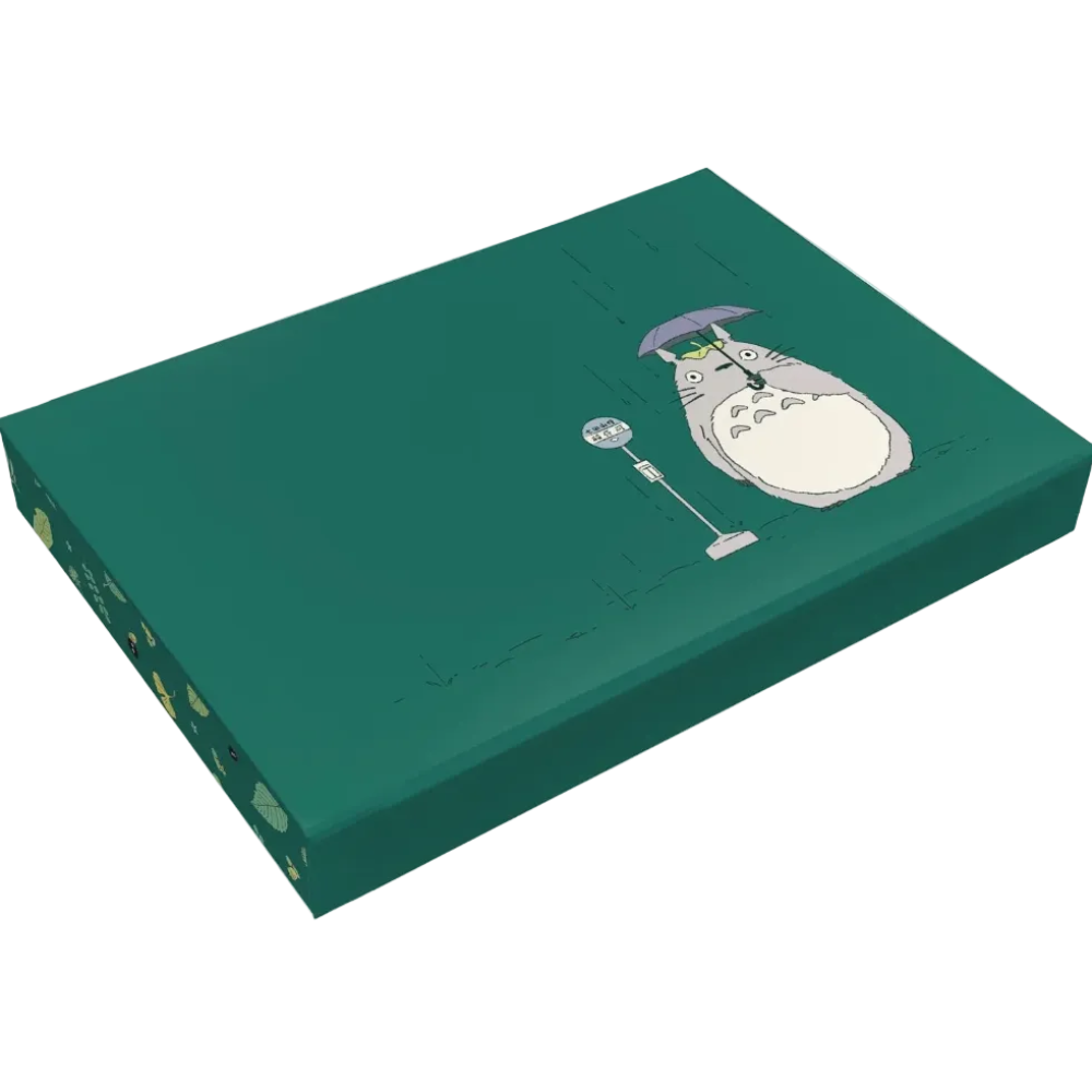 A teal green rectangular box featuring an illustration of Totoro from My Neighbor Totoro holding a purple umbrella, shown on a plain white background.