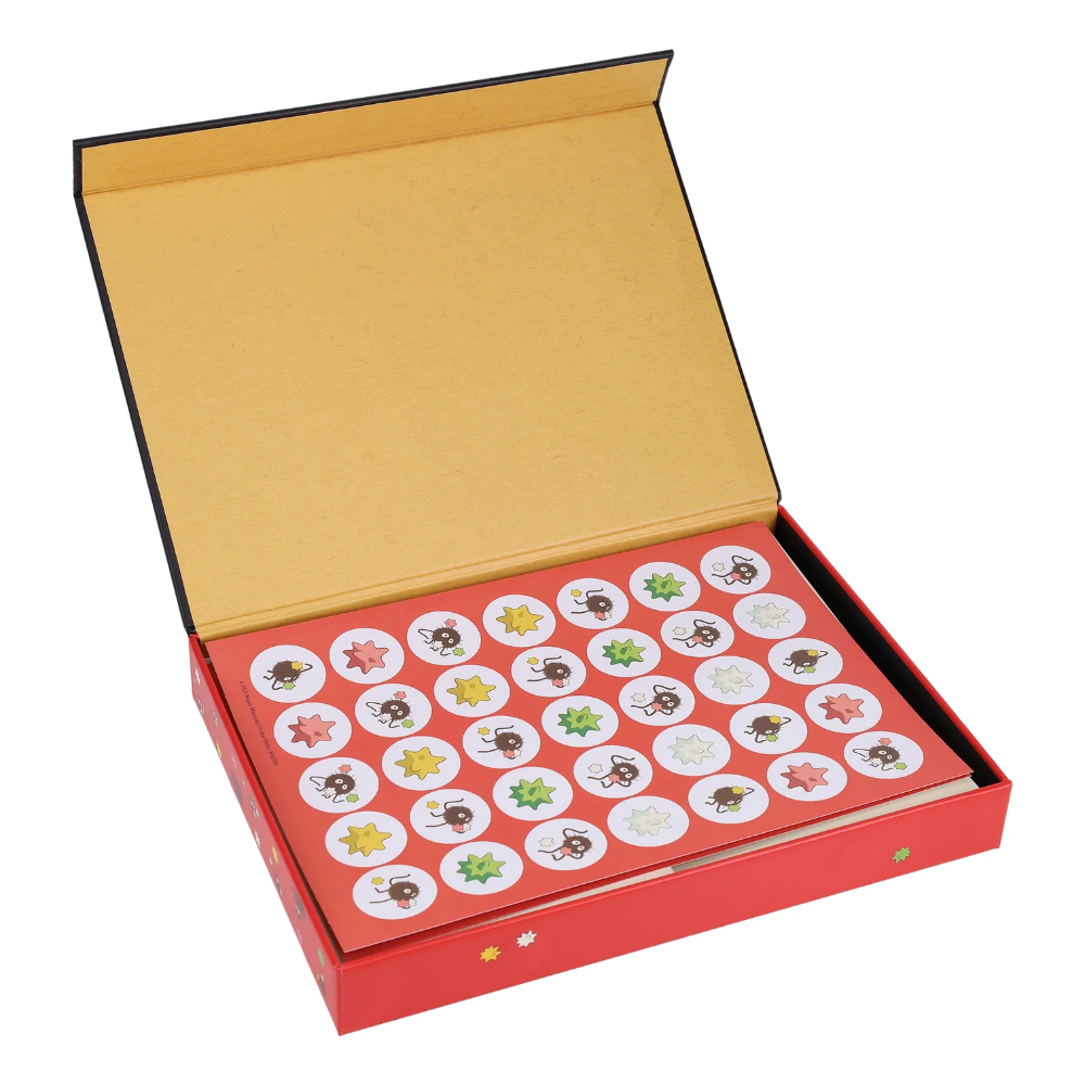 Open red box with circular stickers featuring cartoon characters on a white background