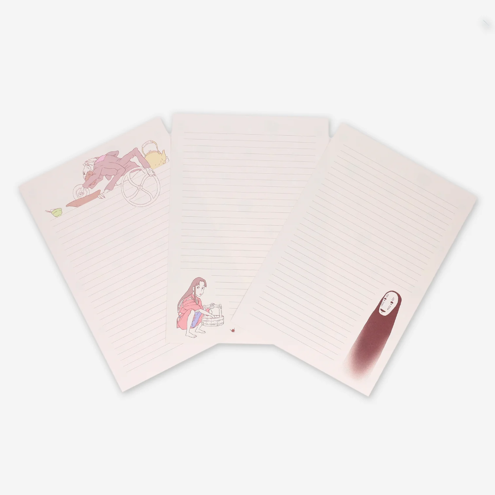 Three lined notepads fanned out on a light gray background, each decorated with a minimalist line-art illustration in soft pink, red, and brown tones.