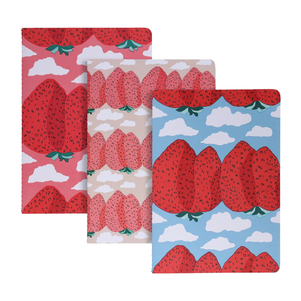 Three notebooks with strawberry pattern on a white background
