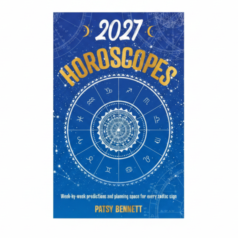Book cover for '2027 Horoscopes' by Patsy Bennett, featuring a blue starry background with a large white zodiac wheel and bold yellow title text.
