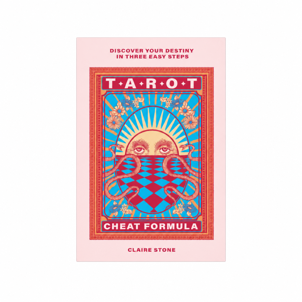 Book cover for 'TAROT Cheat Formula' by Claire Stone, featuring a stylized tarot card illustration with blue, red, and beige tones on a pale pink background.