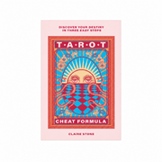 Book cover for 'TAROT Cheat Formula' by Claire Stone, featuring a stylized tarot card illustration with blue, red, and beige tones on a pale pink background.
