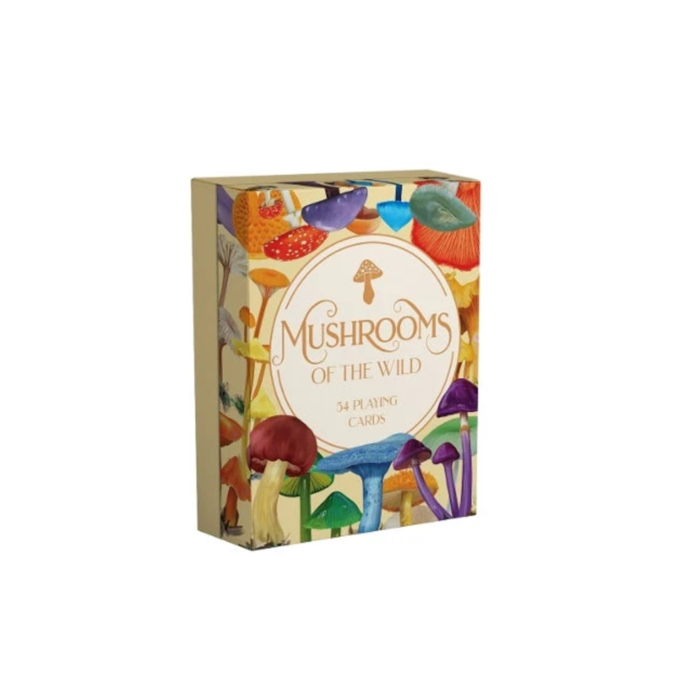 Mushrooms of the Wild playing cards box featuring a colorful illustrated mushroom design on a cream background.