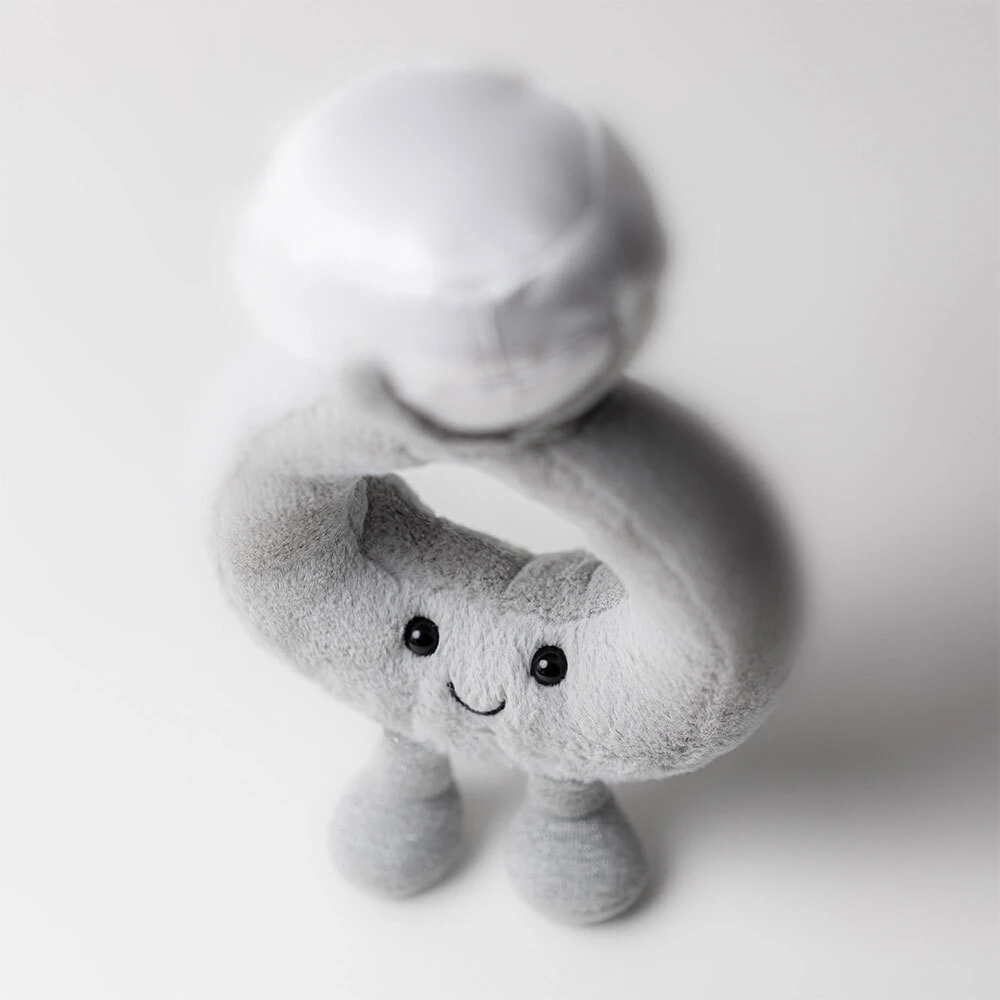 Gray cloud-shaped plush toy with a smiley face on a white background
