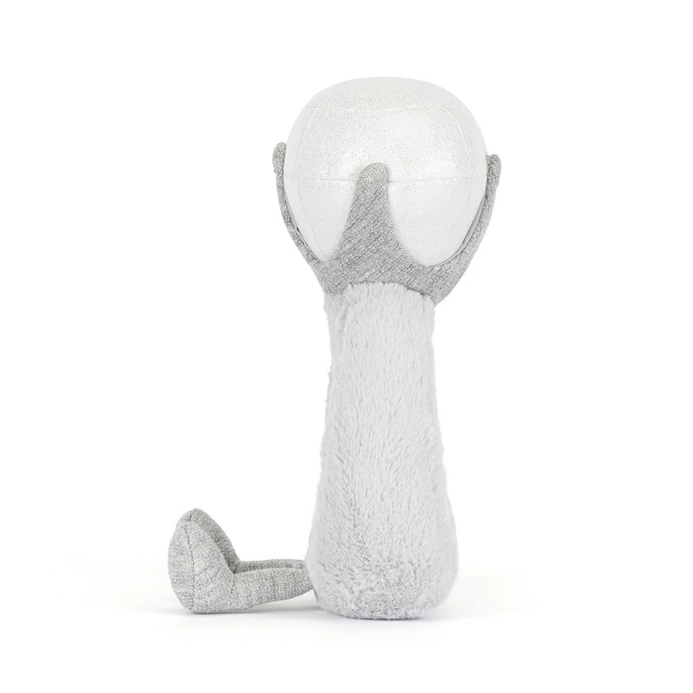 Gray and white plush toy on a white background