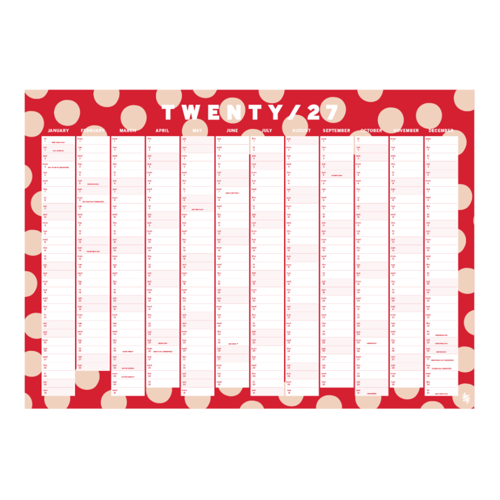 A 2027 daily planner calendar featuring a red background with beige polka dots and white columns for tracking days, months, and events from January to December.