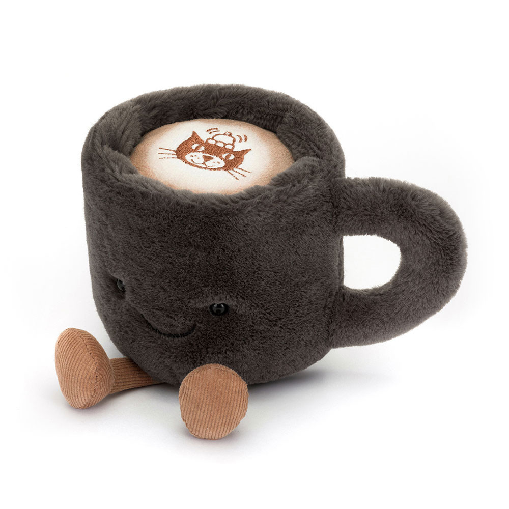 Plush toy shaped like a coffee cup with a face on a white background