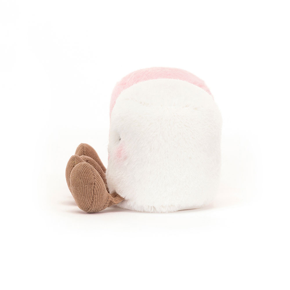 Small plush toy with a white body, brown ears, and pink nose on a white background