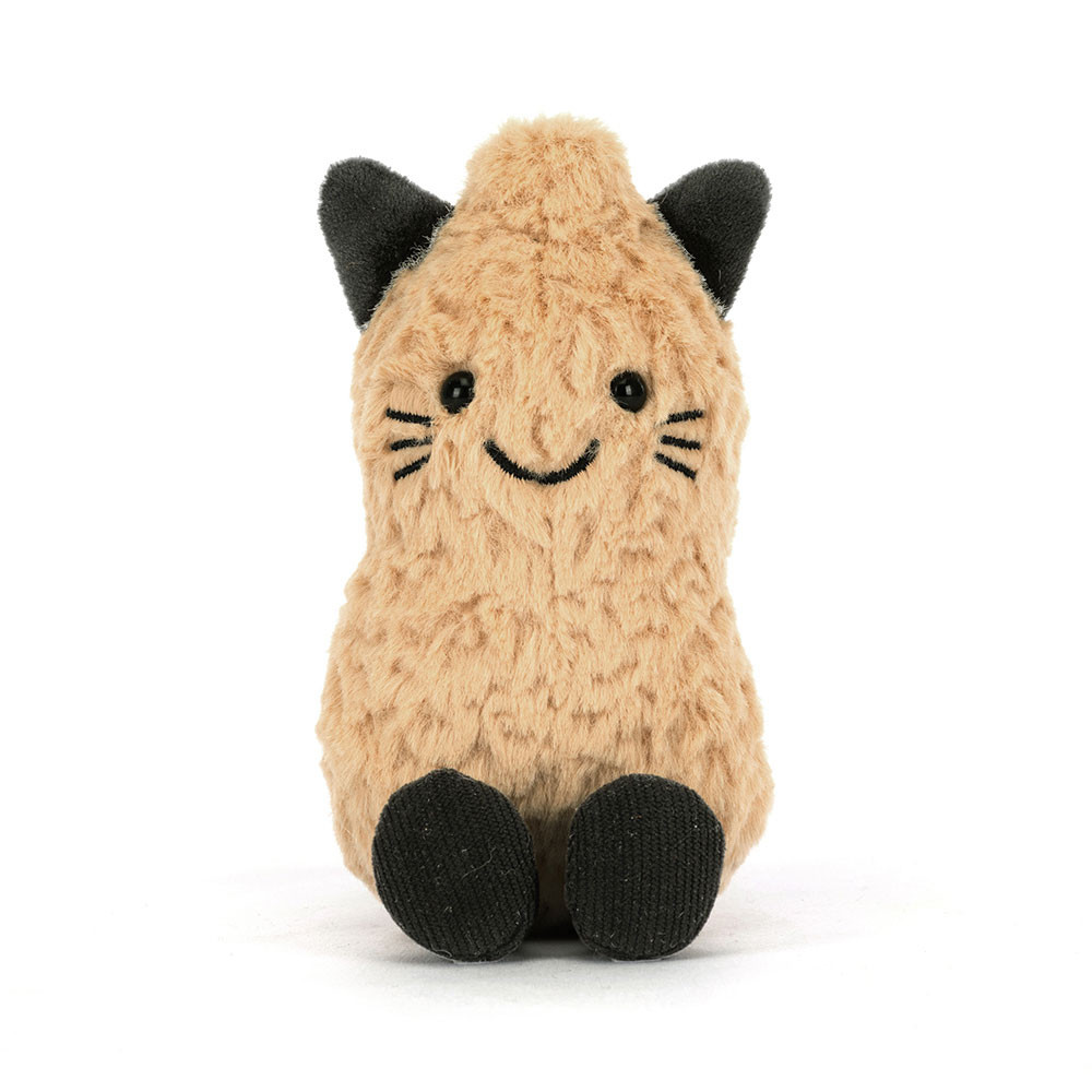 Plush cat toy with black accents on a white background