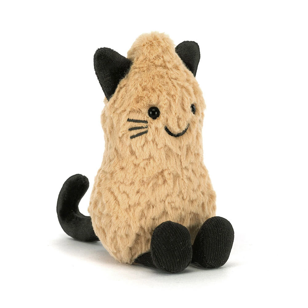 A plush peanut cat toy with black accents on a white background