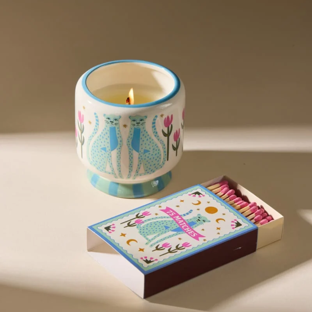 Paddywax Adopo Flower Ceramic Candle Blue Cheetahs Linen & Orris 226g