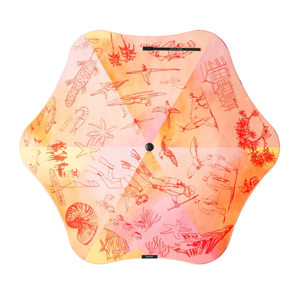 A hexagonal outdoor umbrella with a vibrant watercolor design in shades of orange, pink, and yellow, decorated with red hand-drawn sketches of marine life and sea plants. The brand name 'KAVU' is visible on a small black label at the bottom center.