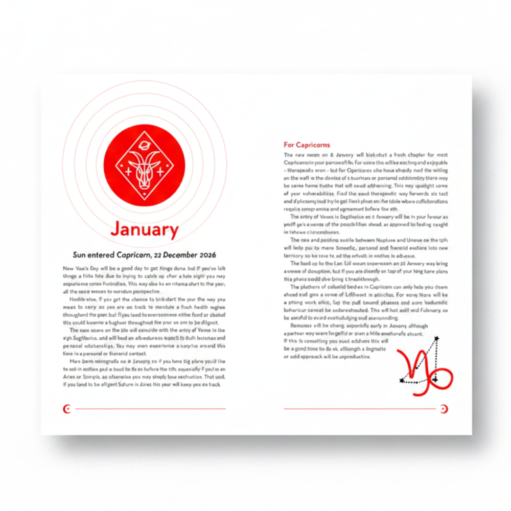 A January astrology horoscope card for Capricorns, featuring a red sun icon, a red heart, and black text on a white background with decorative red corner flourishes.