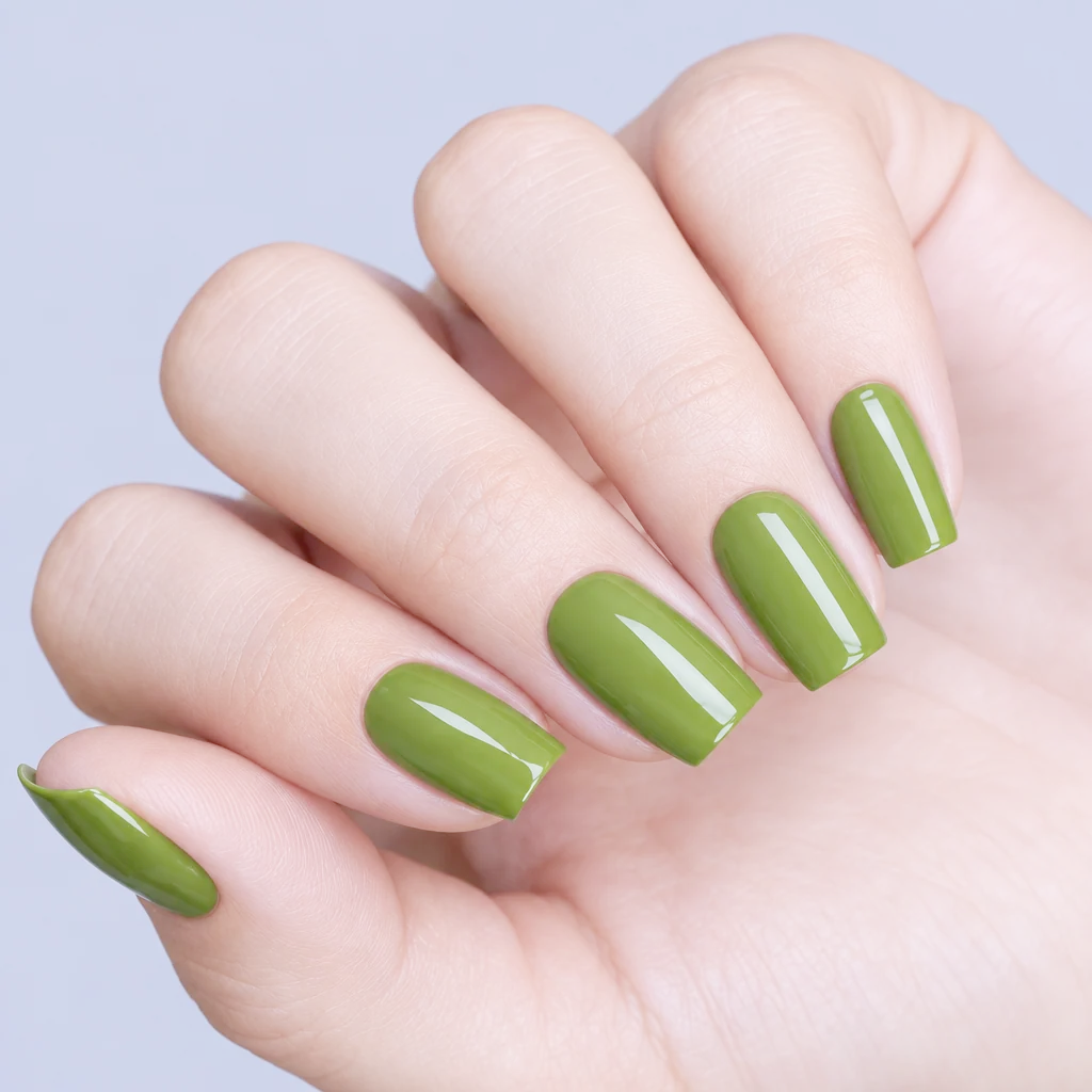 A close-up of a hand with glossy olive green manicured nails against a light blue-gray background.
