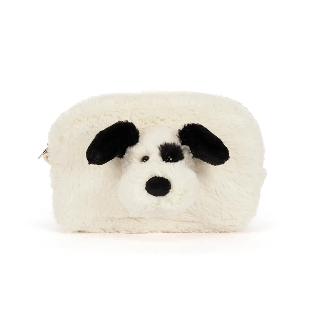A fluffy faux-fur pouch shaped like a dog face, featuring black ears, nose, and eyes on a white background.