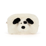 A fluffy faux-fur pouch shaped like a dog face, featuring black ears, nose, and eyes on a white background.