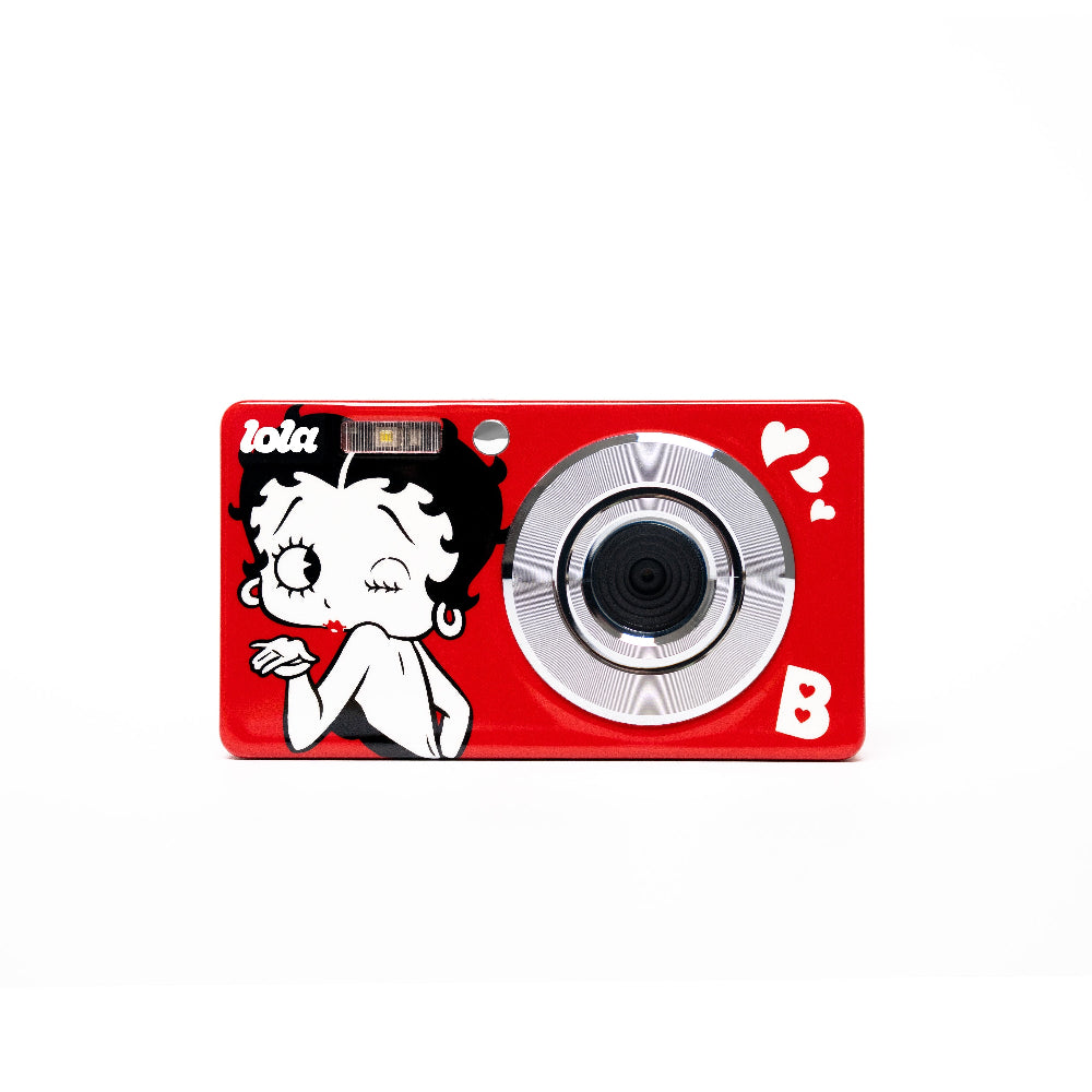 A red compact camera featuring a cartoon Betty Boop illustration on the front, a large silver-rimmed lens, and a white 'B' logo, shown against a plain white background.
