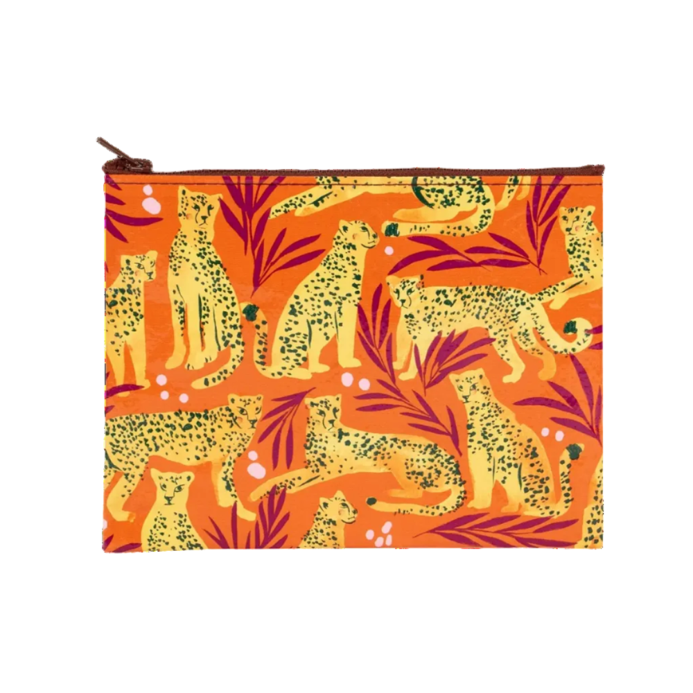 A zippered pouch featuring a vibrant orange background printed with yellow and green spotted big cats and dark purple tropical leaves.
