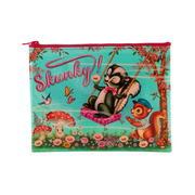 A rectangular zippered pouch with a colorful vintage-style illustration featuring a skunk on a swing, a squirrel, mushrooms, flowers, and the text 'Skunky!' on a turquoise background.