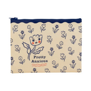 A cream-colored fabric pouch with a navy blue scalloped zipper and a navy blue floral pattern. The front features a central illustration of a tulip with a face and the text 'Pretty Anxious' in navy blue, with a small red wavy line underneath.