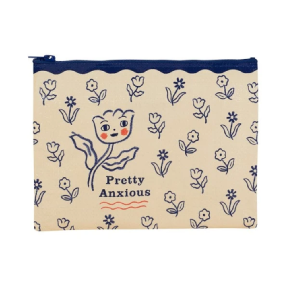 A cream-colored fabric pouch with a navy blue scalloped zipper and a navy blue floral pattern. The front features a central illustration of a tulip with a face and the text 'Pretty Anxious' in navy blue, with a small red wavy line underneath.