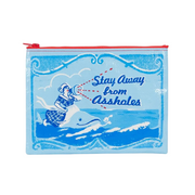 A light blue zippered pouch featuring a vintage-style blue illustration of a woman on a dolphin with the text 'Stay Away from Assholes' and red dotted lines, set against a plain white background.